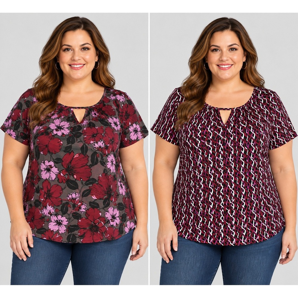 Worthington Woman 2X Plus Size Tops Lot of 2 Floral Geometric Keyhole Blouses